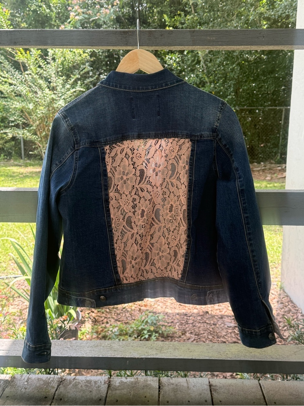 Upcycled One of a Kind Dark Wash Denim Jacket w/ Rose Gold/Pink Lace Back Panel
